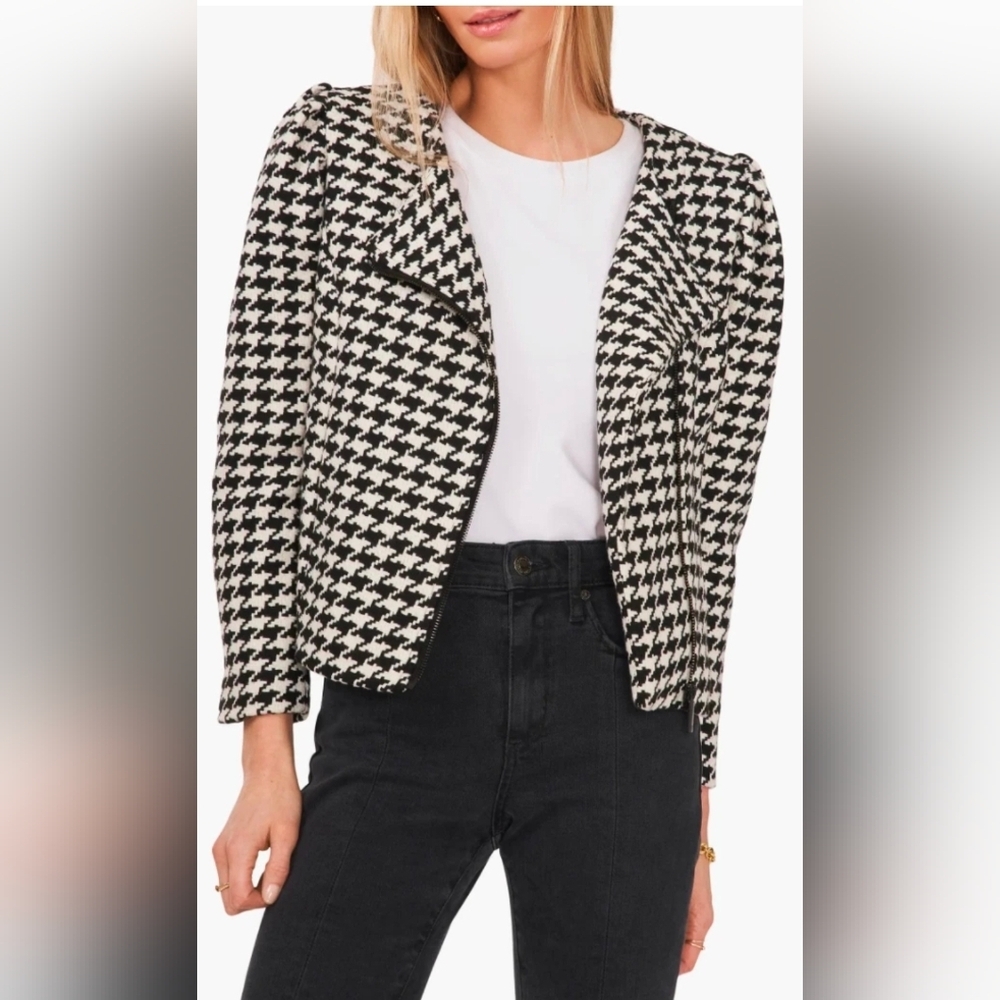 Vince Camuto NWT White/Black Houndstooth Puff Shoulder Moto Jacket Size 2X - Picture 3 of 14